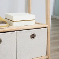 Appendiabiti in Legno Naturale con 4 Ganci, 3 Mensole e 2 Cassetti in Tessuto, 58x36x168cm