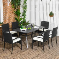 Set da Giardino 7 Pezzi in Rattan PE con Tavolo da Pranzo 150x90x72 cm e 6 Sedie 58x62x87 cm con Cuscini