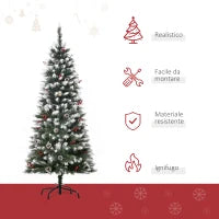 Albero di Natale Innevato Artificiale 150cm con Bacche Rosse e Pigne Bianche, Base Rimovibile Pieghevole, 408 Rami