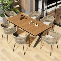 Set da pranzo da giardino 7 pezzi in rattan con 6 poltrone e tavolino, 140x80x76 cm, Beige