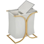 Portabiancheria a 2 Cesti con Coperchio in Bambù e Poliestere, 55x40x62 cm, Grigio e color Legno