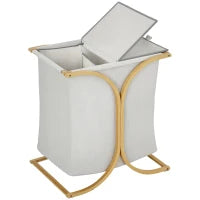 Portabiancheria a 2 Cesti con Coperchio in Bambù e Poliestere, 55x40x62 cm, Grigio e color Legno