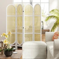 Paravento Interno in Legno da 4 Pannelli 170 x 160 cm Pieghevole e Portatile, Motivo Intrecciato a Mano, Bianco