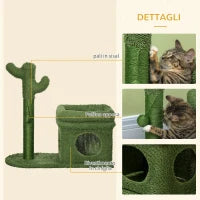 Tiragraffi per Gatti con Lettino, Casetta e Palo in Sisal a Forma di Cactus, 68x30x67cm, Verde