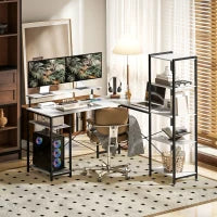 Scrivania Angolare con Presa Elettrica e USB, Scaffale e Supporto per Monitor, Bianco e Nero