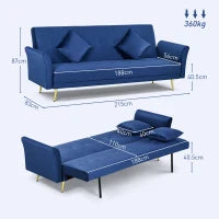 Divano Letto Clic Clac con Schienale Regolabile e 2 Cuscini, in Tessuto Effetto Velluto, 215x83x87 cm, Blu