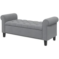 Panca Fondo Letto in Tessuto Vellutato con Spazio Portaoggetti e Braccioli, 126x48.5x57 cm, Grigio
