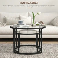 Set 2 Tavolini da Caffè Sovrapponibili in Vetro e Acciaio, Ø70x47.5 cm e Ø54 x 42.5 cm, Nero