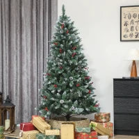 Albero di Natale Alto 180 cm da Interno con 620 Rami, Pigne e Bacche Rosse, Base in Metallo, Verde