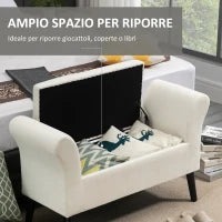 Panca Contenitore con Braccioli, in Tessuto Effetto Velluto e Legno, 111.5x41x65 cm, Bianco Crema