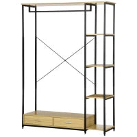 Appendiabiti in Stile Industriale con 2 Cassetti e 4 Ripiani Aperti in Dotazione, in Acciaio e Truciolato, 130x40x180cm, Color Legno e Nero