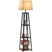Lampada da Terra in Metallo e MDF a 3 Ripiani con Paralume in Tessuto, Ø42x166 cm, Nero e Beige