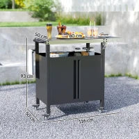 Carrello per Barbecue con Armadietto, Ripiano Aperto e Tavolino Laterale, in Acciaio Inox, 116x50x93 cm, Nero