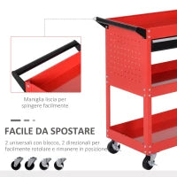 DURHAND Carrello Porta Attrezzi con Manico, Cassetto e 3 Ripiani, in Lamiera di Acciaio, 82x35x76 cm, Rosso