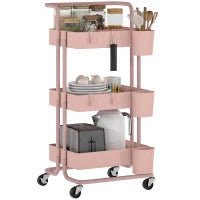 Carrello Ausiliario con Ruote Carro di Stoccaggio Multifunzionale con Ganci e Ceste Sospese 42x38x86,5 cm Rosa