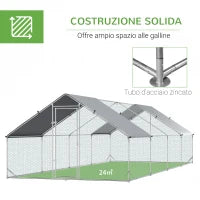 Pollaio da Giardino con Telaio Zincato, Copertura Impermeabile e Rete Esagonale, 3x8x2m, Argento