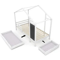 Letto per Cameretta, 6+ Anni con Lavagna e Recinzione, 2 Cassetti, Struttura in Pino 90x200 cm, Bianco