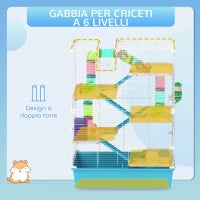Gabbia per Criceti 6 Livelli con Tunnel, Ruota, Rampe, Casetta, Bottiglia e Ciotola, Azzurro