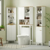 Mobile Sopra WC con Porta a Doghe, Scomparti e Ripiano Regolabile, 65x25x170 cm, Bianco