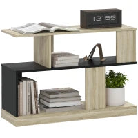 Tavolino a forma S, a 3 livelli con scaffali, 90 x 30 x 61 cm, Legno naturale e nero