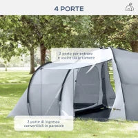 Tenda da Campeggio 5 Posti con 2 Camere Impermeabile con Baldacchino, 590x245x193 cm, Grigio