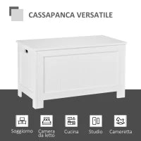 Panca Contenitore Multiuso in Legno MDF, 2 Maniglie e Apertura con Blocco di Sicurezza, 81x40x46cm, Bianco