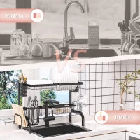 Scolapiatti da Lavello Modulabile a 2 Livelli con Piedini Antiscivolo, in Acciaio, 65x31.5x52.5 cm, Nero