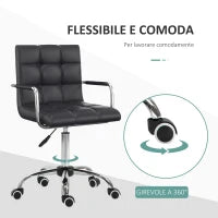 Sedia da Ufficio Ergonomica in pelle PU Nero, Sedia da Studio con 5 Ruote Girevoli, Imbottitura e Altezza Regolabile, 52.5x54x84-99cm