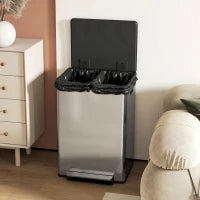 Pattumiera a Pedale con 2 Scomparti da 30L, Coperchio Ammortizzato e Secchi Rimovibili, Acciaio Inox, Argento
