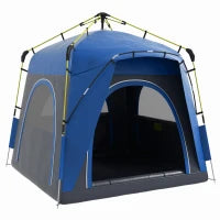 Tenda da Campeggio Familiare 4 Persone Tenda Cupola Impermeabile Leggera, Ventilata Facile da Montare Pop-up 4 Finestre Parasole, Dim, 2,4 L x 2,4 L x 1,99 H M Fibra di Vetro Poliestere Grigio Blu