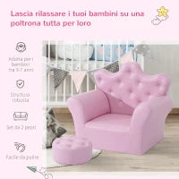 Set Poltrona per Bambini con Poggiapiedi e Bottoni Brillanti, Struttura in Legno con Imbottitura, Rivestimento PVC Rosa