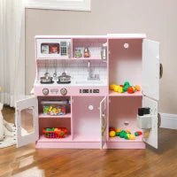 Cucina Giocattolo in Legno per Bambini 3-8 Anni con Fornelli, Microonde, Lavandino, e Accessori, Rosa