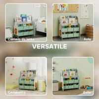 Scaffale Portagiochi con 6 Cassetti in Tessuto e Libreria a 2 Livelli, in Legno e Acciaio, 63x30x71 cm, Verde