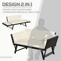 Divano 2 Posti con Braccioli Estensibili da Giardino Rattan 129x63x67cm Bianco, Marrone