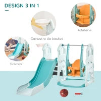 Scivolo 3 in 1 per Bambini con Altalena Regolabile, Canestro e Palle per Cameretta e Giardino, 149x186x98cm, Blu e Arancione
