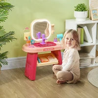 Tavolo Toeletta per Bambine 3-6 Anni con Specchio in Acrilico e Rubinetto, in PP e GPPS, 55x29x71 cm, Rosa
