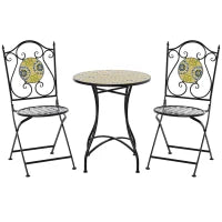 Set Tavolo e Sedie da Balcone 3 Pezzi, Set da Giardino Pieghevoli in Metallo con Maioliche Colorate, Multicolore
