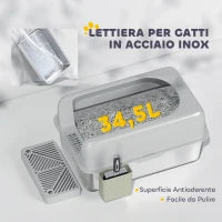 Lettiera per Gatti con Gradino, Paletta e Box Portaoggetti, in Acciaio Inox e ABS, 60.2x40.6x29 cm, Grigio Chiaro