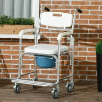 Sedia Comoda con Ruote per Anziani 3 in 1, Sedia per WC in Alluminio con Secchio Rimovibile, Bianco