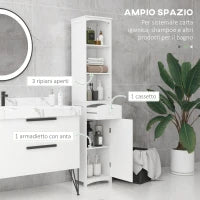 Mobiletto a Colonna Bagno Salvaspazio in MDF Bianco, Armadietto Bagno Multifunzione per Camera con 3 Ripiani 34x24x170cm