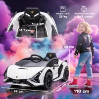 Macchina Elettrica per Bambini 3-5 Anni Lamborghini 12V con Telecomando e Velocità 3-5km/h, Bianco