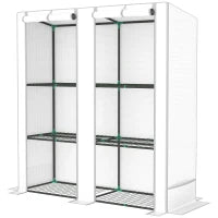 Serra da Giardino con Tetto Inclinato, 3 Mensole, 2 Porte a Rotolo e Telaio in Acciaio 144x48x152 cm Bianco