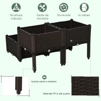 Set 4 Pezzi Fioriere da Esterno Autoirriganti Rialzate Letto da Giardino Rialzato per Fiori Effetto Rattan in PP, Marrone