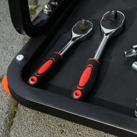 Sgabello da Officina Imbottito con Ruote e Vassoio Porta Attrezzi in Acciaio e PU, 38x35x37cm, Rosso