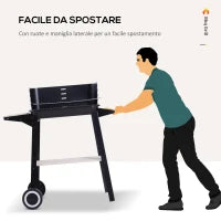 Barbecue a Carbone con Griglia Regolabile, Ripiani e Ruote, 83x37x87cm, Nero