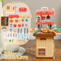 Gioco per Bambini 3 in 1 da 36 Pezzi con Tavolo per Posate, Tavolo da Pranzo e Trolley, in PP e ABS, 48x26x64 cm