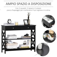 Tavolo Consolle con 2 Cassetti e 2 Mensole, Mobile da Ingresso e Soggiorno in MDF, 100x30.5x80cm, Nero