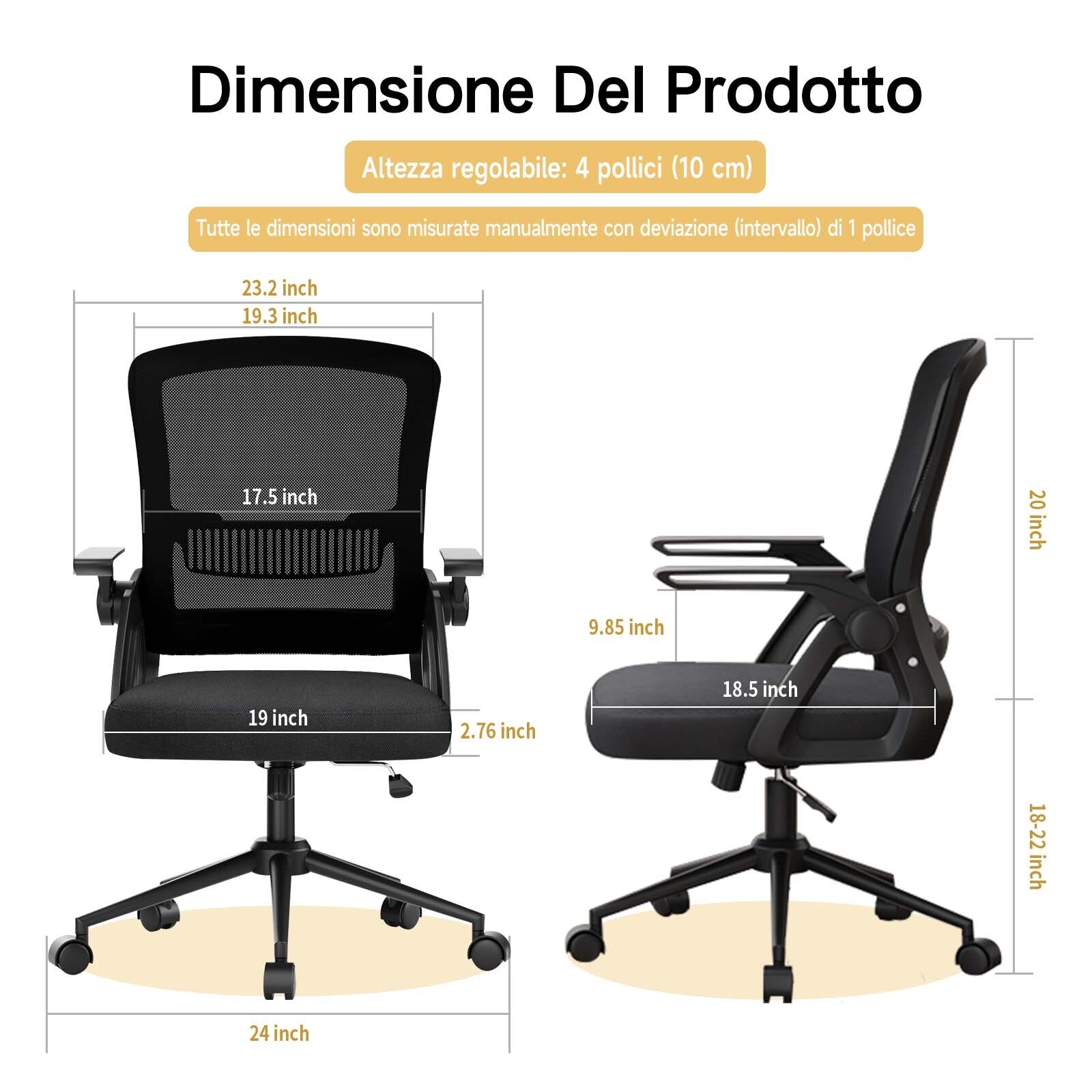 Sedia Ufficio Ergonomica - RATTANTREE - Con Braccioli Pieghevoli, Rete Respirante, Funzione Oscillante 90-105° - Nero