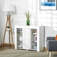 Credenza Moderna a Anta con Luci LED e Mensole in Vetro, Mobile Multiuso in Legno con Finitura Lucida, 97x35x83cm, Bianco
