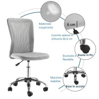 Sedia da Ufficio Ergonomica Senza Braccioli in Tessuto a Rete, Altezza Regolabile e 5 Ruote, Grigio